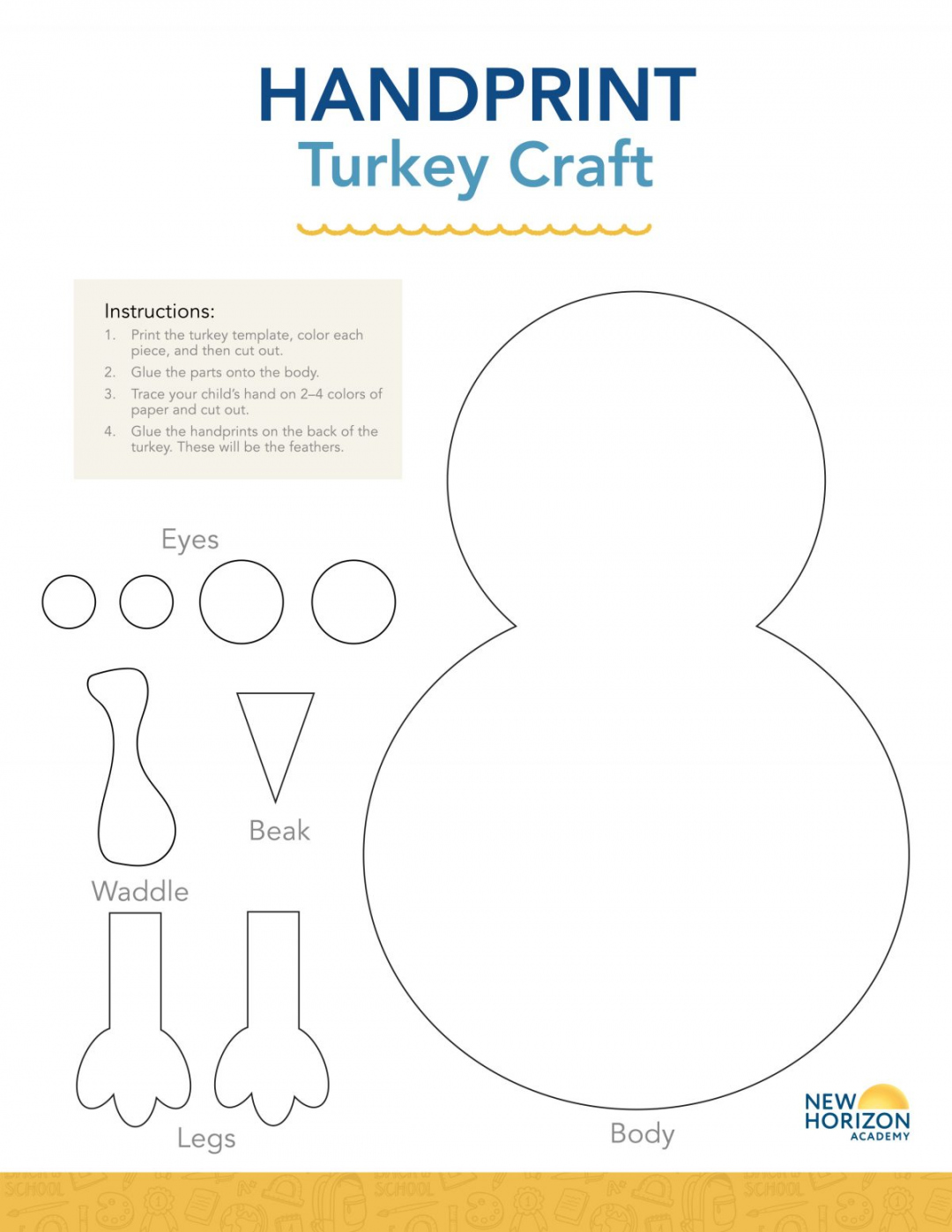 Handprint Turkey Craft - New Horizon Academy - FREE Printables - Hand Turkey Template