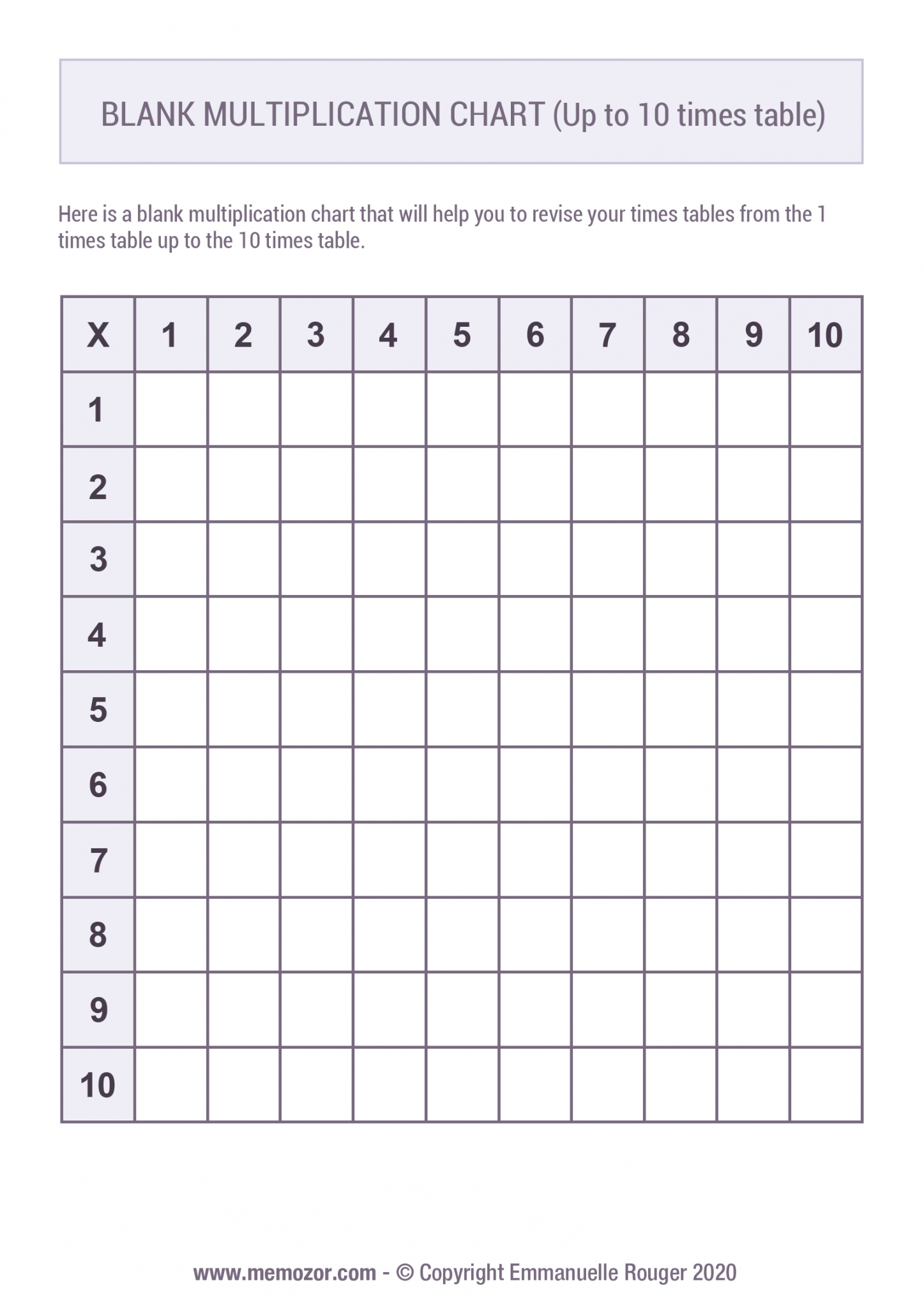 Printable Blank multiplication Chart (-0) Free  Memozor - FREE Printables - Blank Multiplication Table