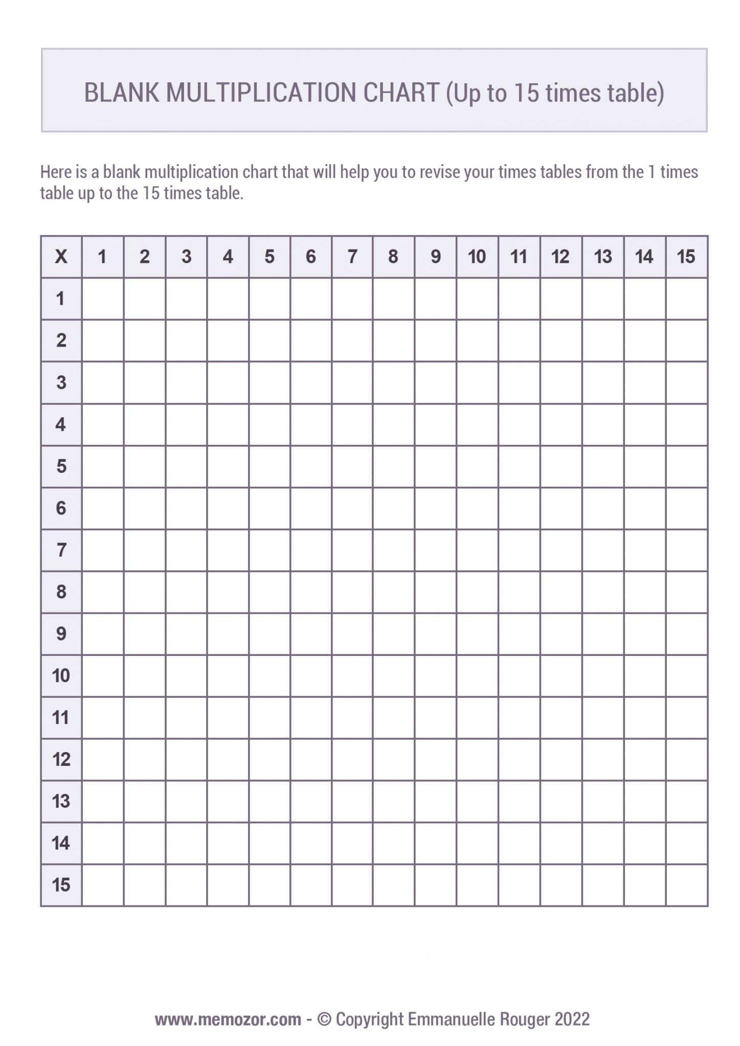Printable Blank multiplication Chart (-5) Free  Memozor - FREE Printables - Blank Multiplication Table Printable