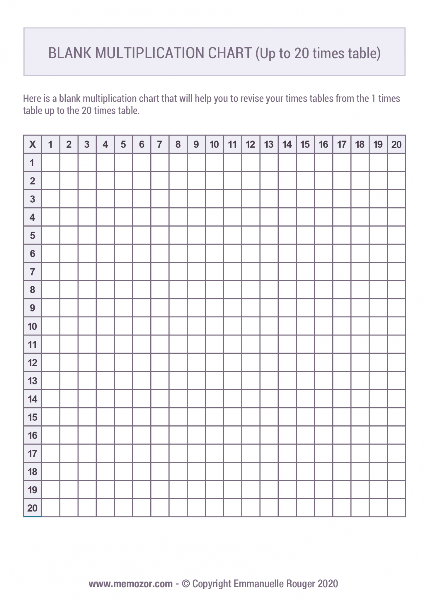 Printable Blank multiplication Chart (-) Free  Memozor - FREE Printables - Multiplication Table Blank