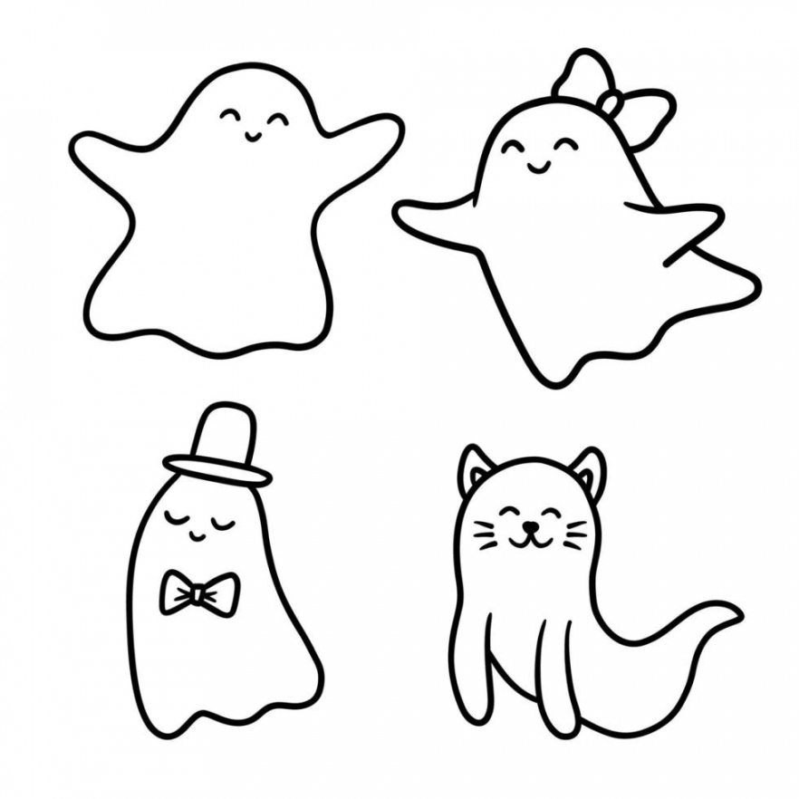Simple cute ghost, vector outline illustration isolated on white  - FREE Printables - Cute Ghost Outline