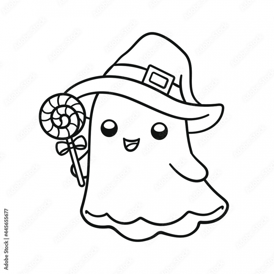 Stockvector Cute ghost wearing witch hat holding candy outline  - FREE Printables - Cute Ghost Outline
