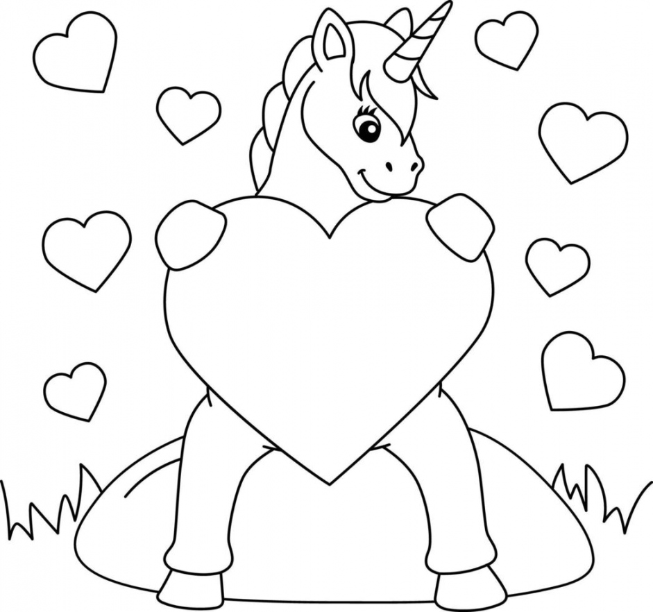 Unicorn Hugging A Heart Coloring Page for Kids  Vector Art  - FREE Printables - Unicorn Heart Coloring Pages