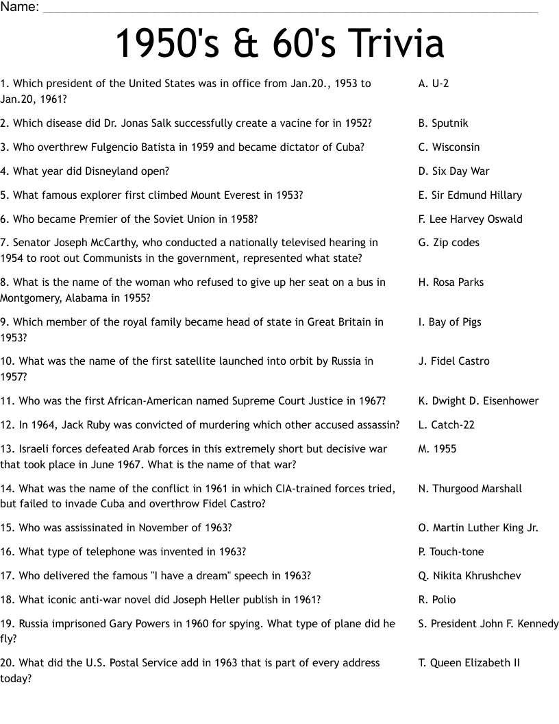 1950&amp;#039;S &amp;amp; 60&amp;#039;S Trivia Worksheet - Wordmint with Free Printable 1950 Trivia Questions And Answers Printable