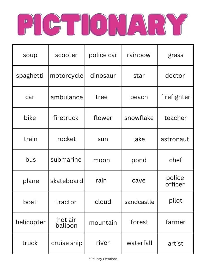 200 Pictionary Words For Kids (Free Printable) for Free Printable Pictionary Word List