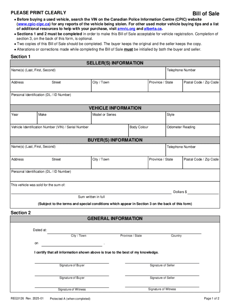 2025 Ca Alberta Form Reg3126 Fill Online, Printable, Fillable within Free Printable Bill of Sale Alberta