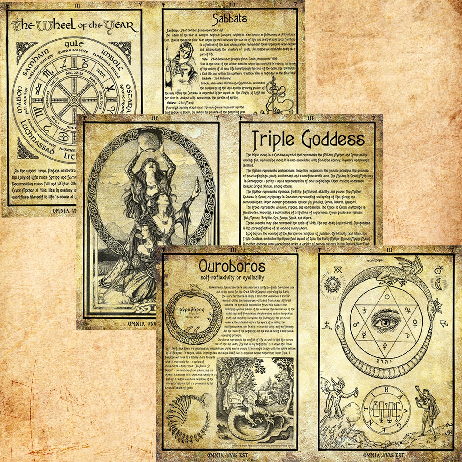 5 Pages Set Digital Printable Grimoire Book Of Shadows Witches in Free Printable Grimoire Pages