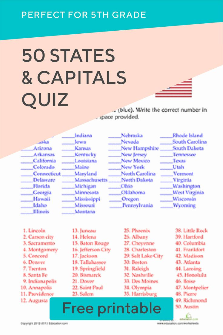 50 States And Capitals Quiz | Worksheet | Education intended for Free Printable State Capitals Quiz