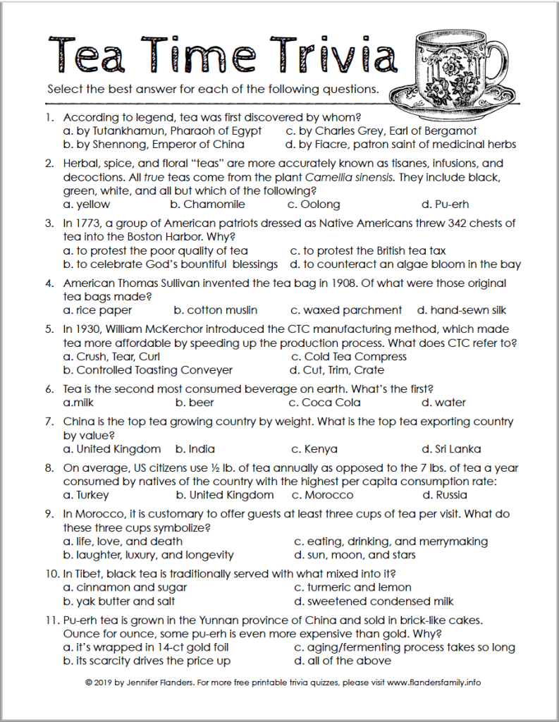 A Tea Time Trivia Test For Hot Tea Month - Flanders Family Home for Free Printable Quizzes For Seniors