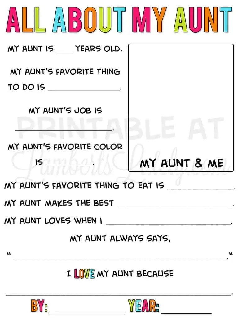 All About My Aunt Free Printable - Printable Design Resources in All About My Aunt Free Printable
