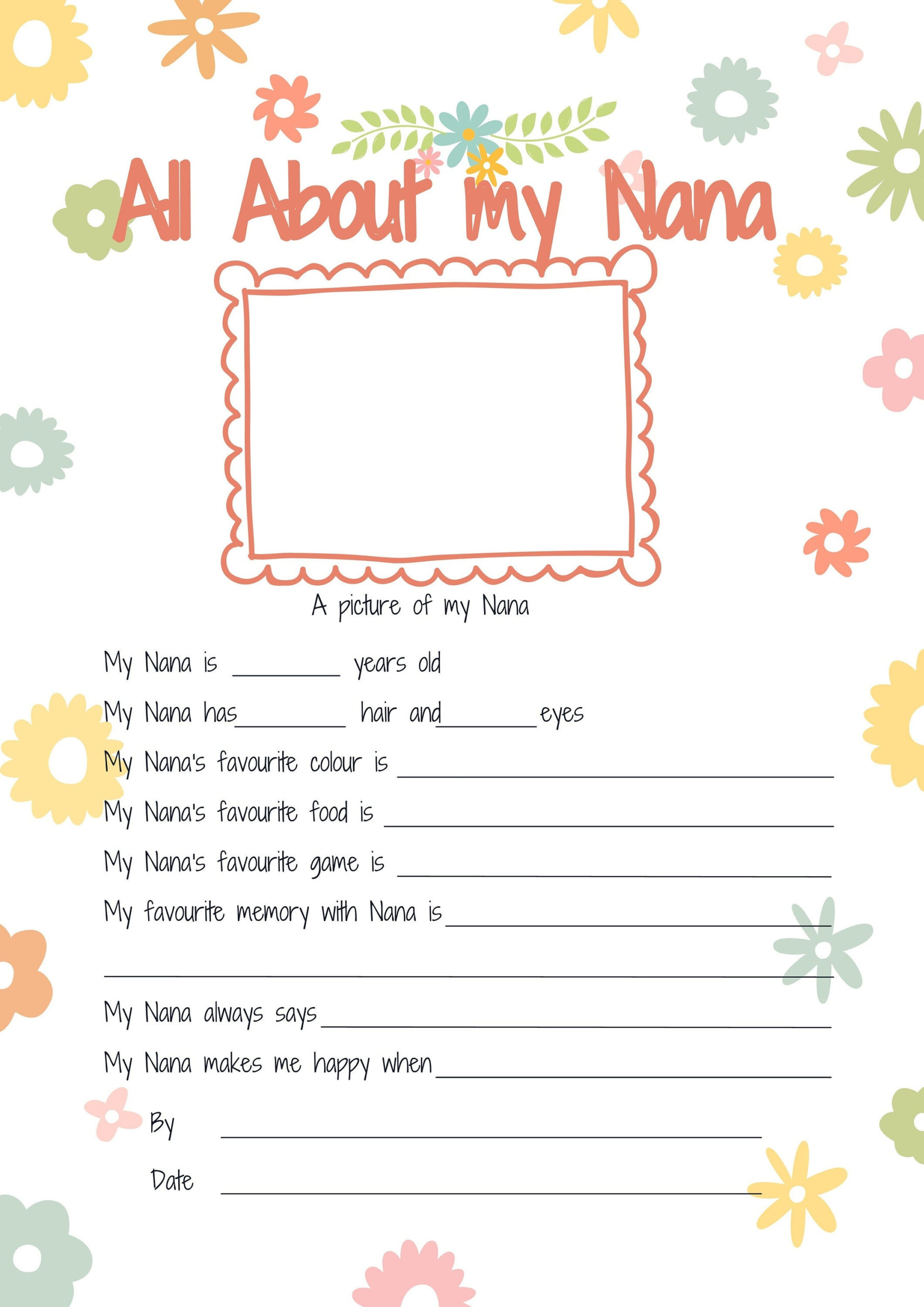 All About My Nana Printable Mothers Day Gift. Reasons I Love My with regard to All About My Nana Free Printable