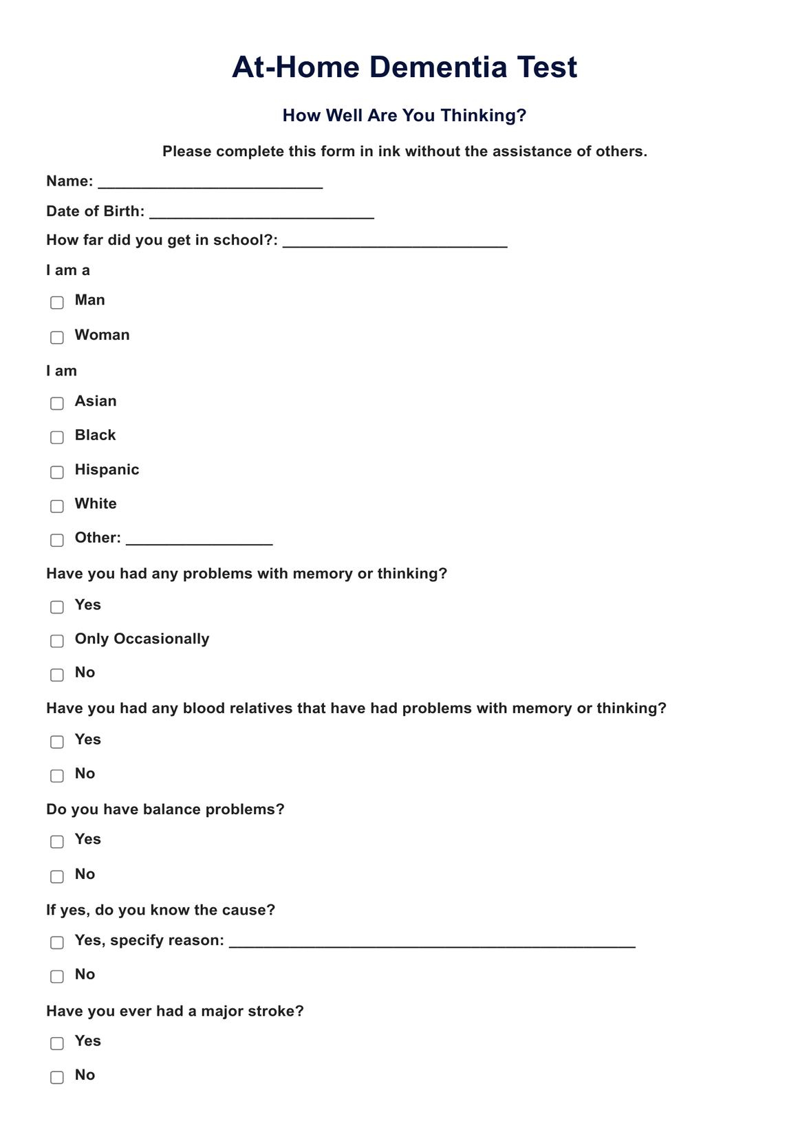 At Home Dementia Test &amp;amp; Example | Free Pdf Download intended for Free Printable Cognitive Tests