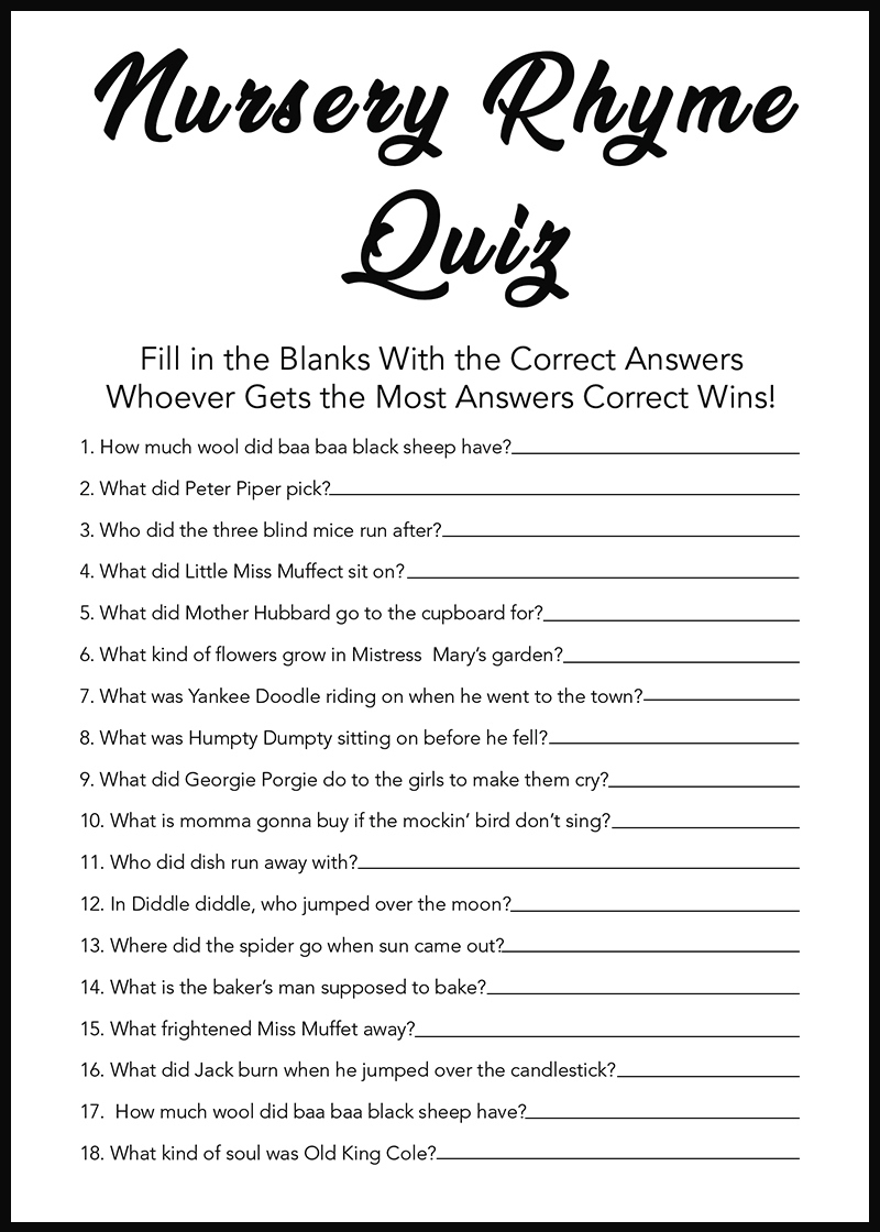 Baby Shower Games - Free Printables - Nursery Rhymes - for Finish The Nursery Rhyme Free Printable