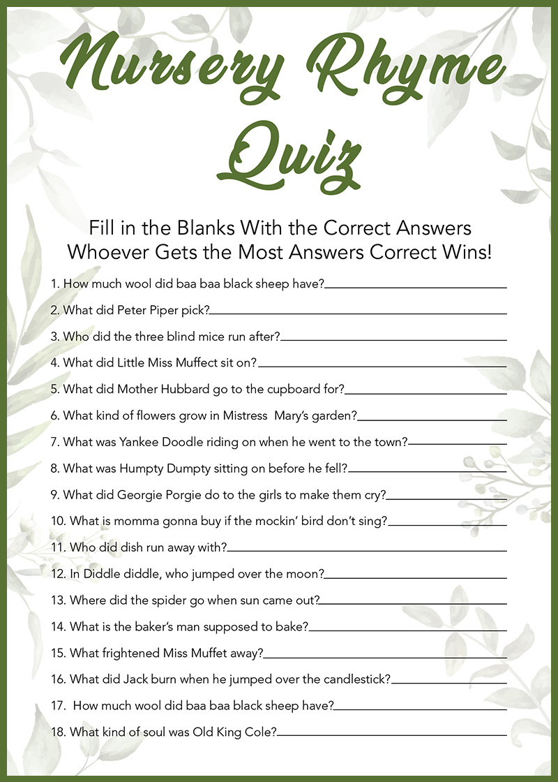 Baby Shower Games - Free Printables - Nursery Rhymes - with regard to Finish The Nursery Rhyme Free Printable
