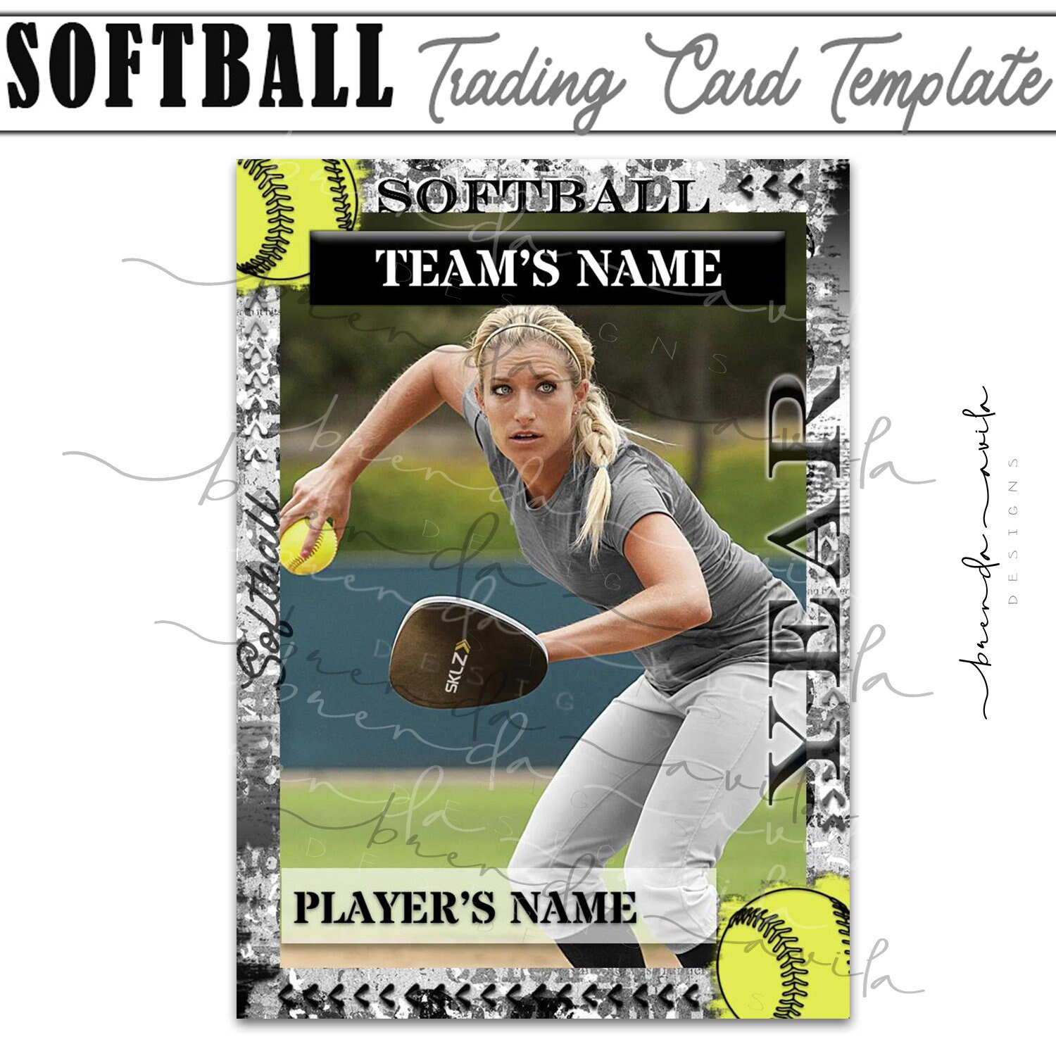 Black &amp; White Softball Trading Card Template- Google Slides within Free Softball Card Template