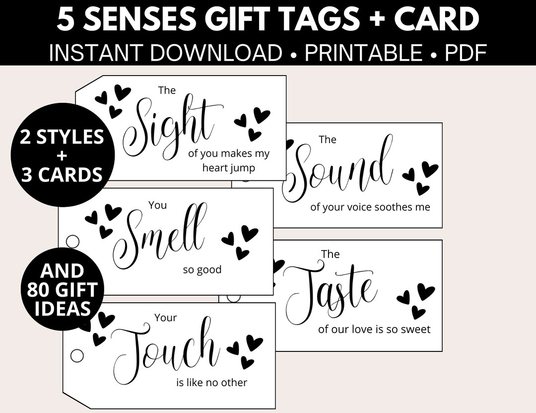 Buy Five Senses Gift Tags With Cards And Gift Ideas, 1St Anniversary Gift, Valentine Gift For Him, Instant Download Reusable Gift Tags, Pdf Online In throughout 5 Senses Gift Tags Free Printable
