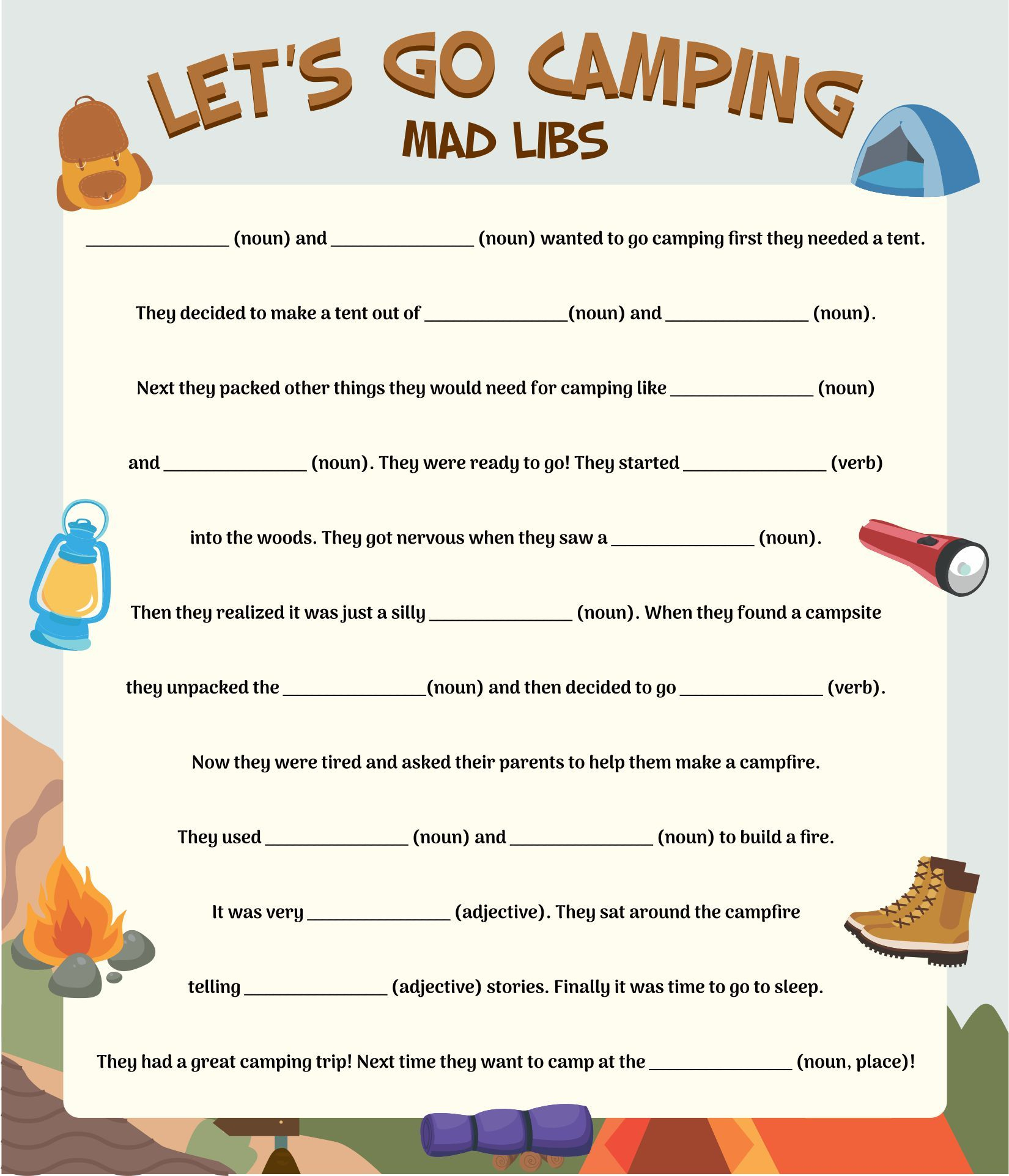 Camping Mad Libs - 20 Free Pdf Printables | Printablee with regard to Camping Mad Libs Free Printable
