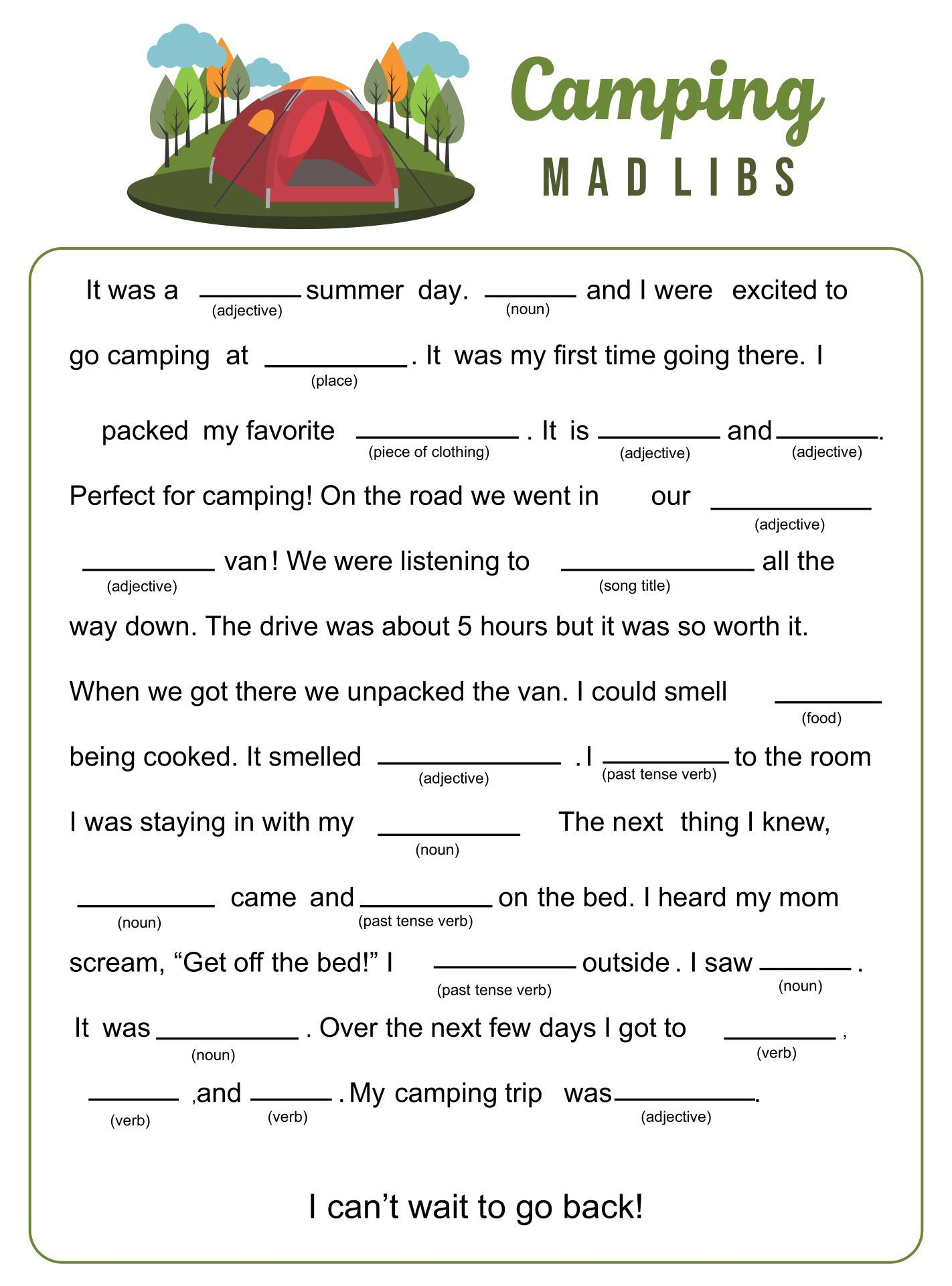 Camping Mad Libs - 20 Free Pdf Printables | Printablee within Camping Mad Libs Free Printable