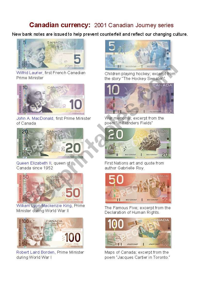 Canadian Bank Notes - Esl Worksheetjanetles with regard to Canadian Play Money Printables Free
