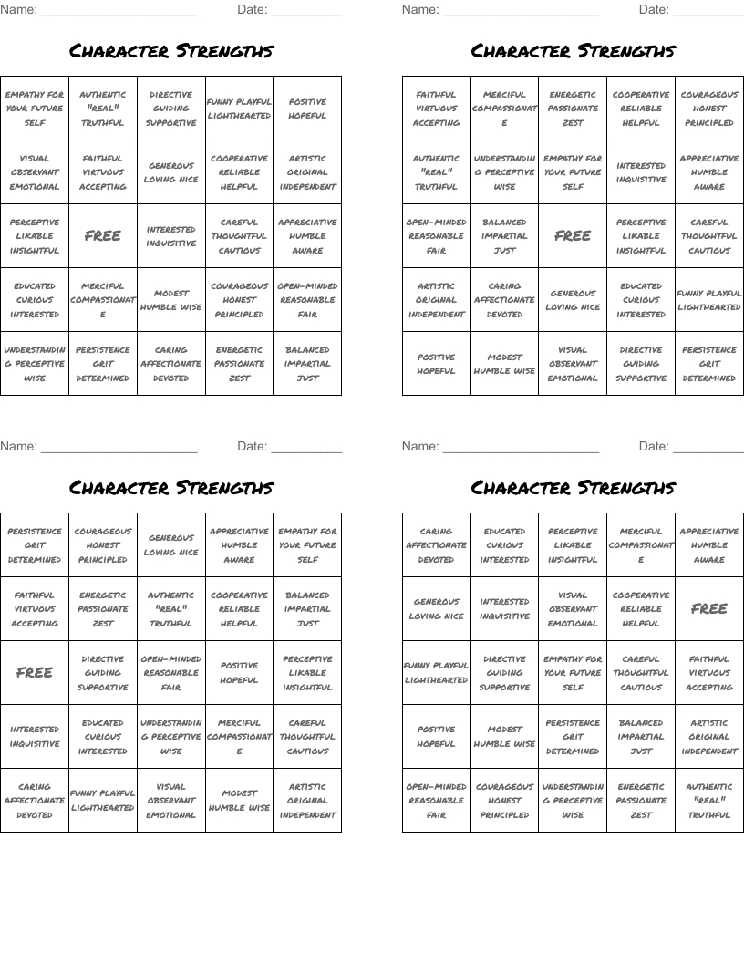 Character Strengths Bingo Cards - Wordmint with regard to Free Character Strength Cards Printable