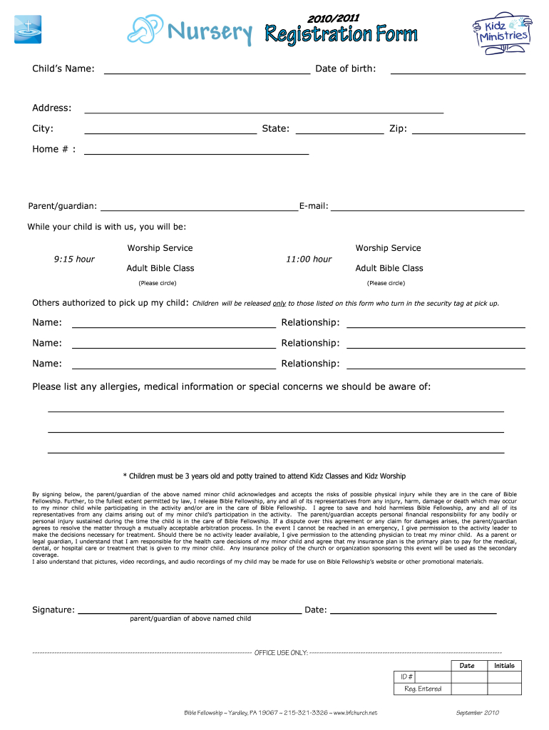 Church Nursery Registration Form: Fill Out &amp;amp; Sign Online | Dochub with Free Printable Church Nursery Forms