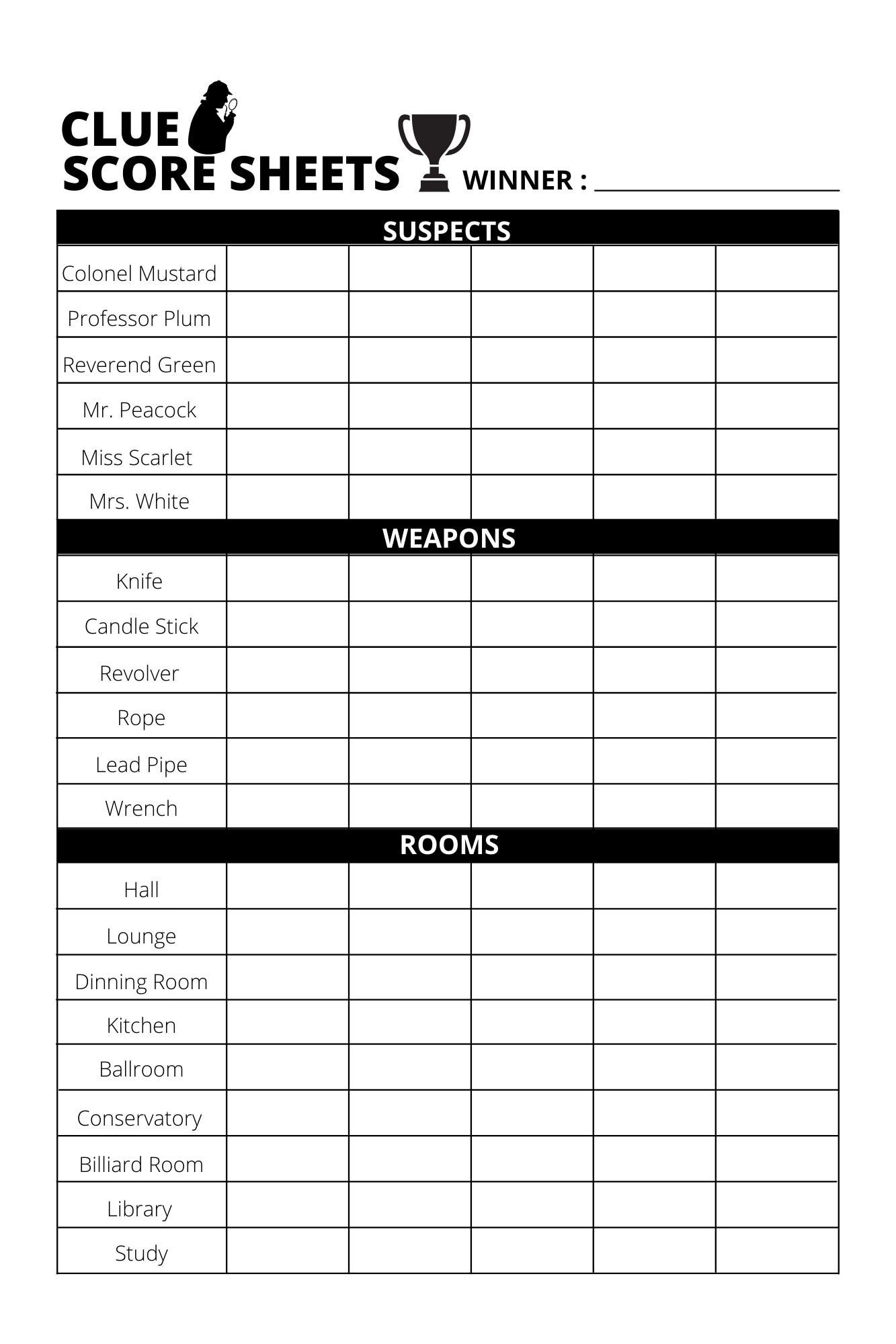 Clue Score Sheet - Download/Print Pdf File - Etsy with Free Printable Cluedo Sheets