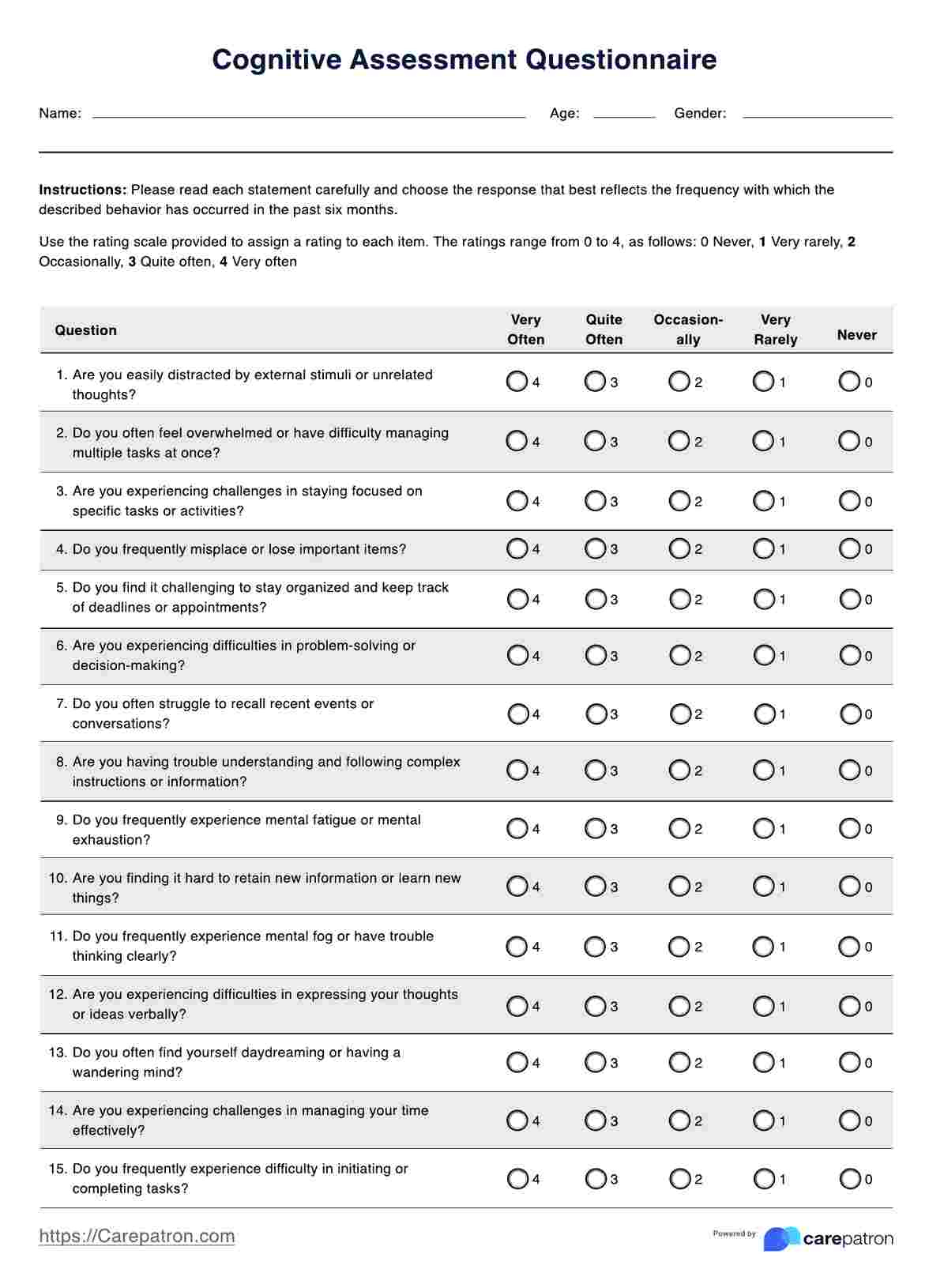 Cognitive Assessment Questionnaire &amp;amp; Example | Free Pdf Download pertaining to Free Printable Cognitive Tests
