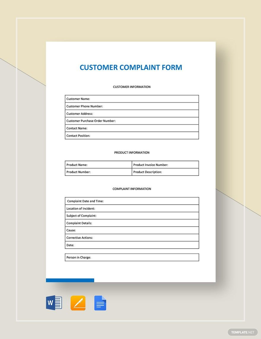 Customer Complaint Form Template In Pages, Word, Google Docs throughout Free Customer Complaint Log Template