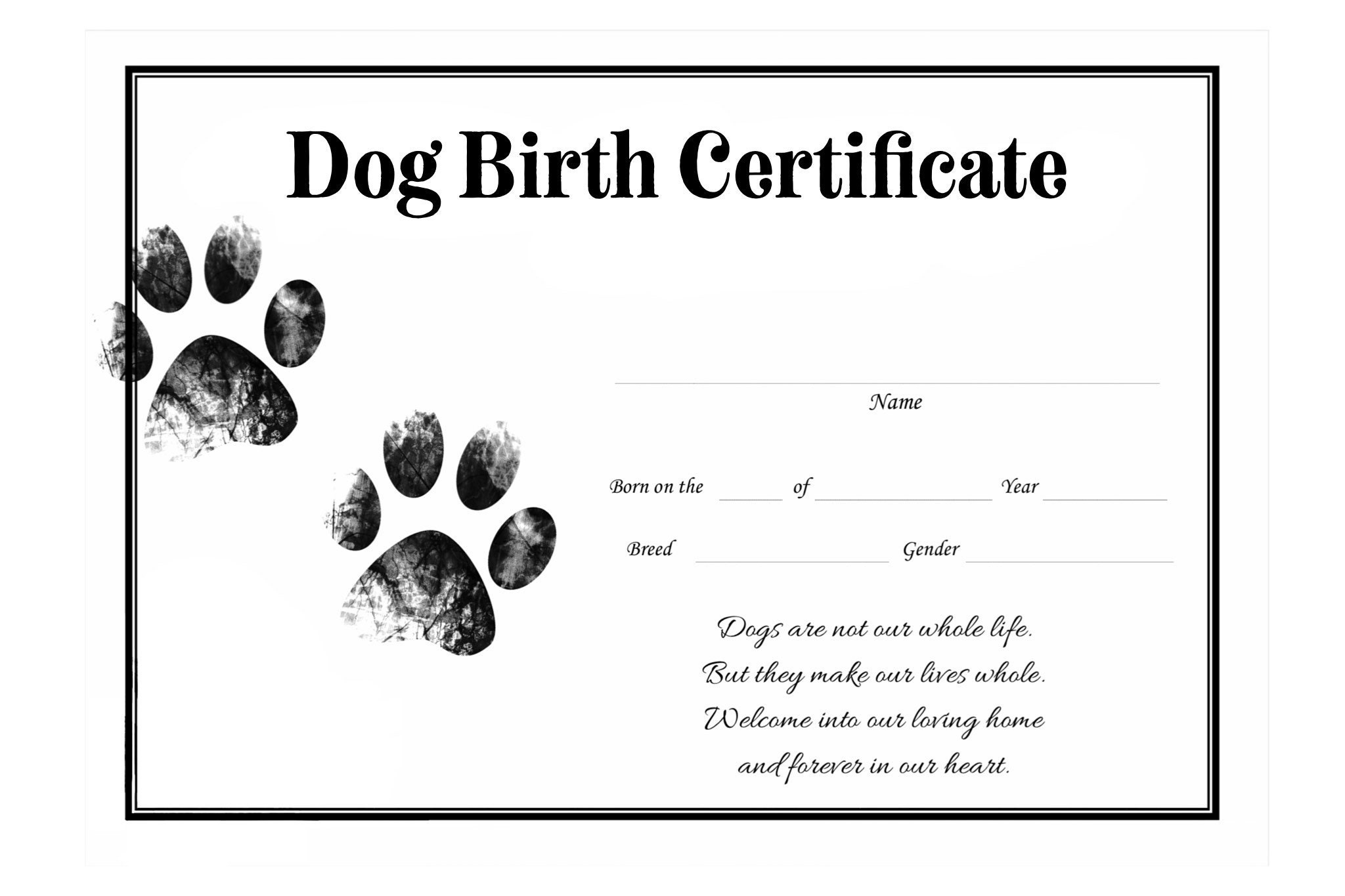 Dog Birth Certificate For Girl Or Boy Puppy Gender Neutral regarding Printable Free Puppy Birth Certificate Template