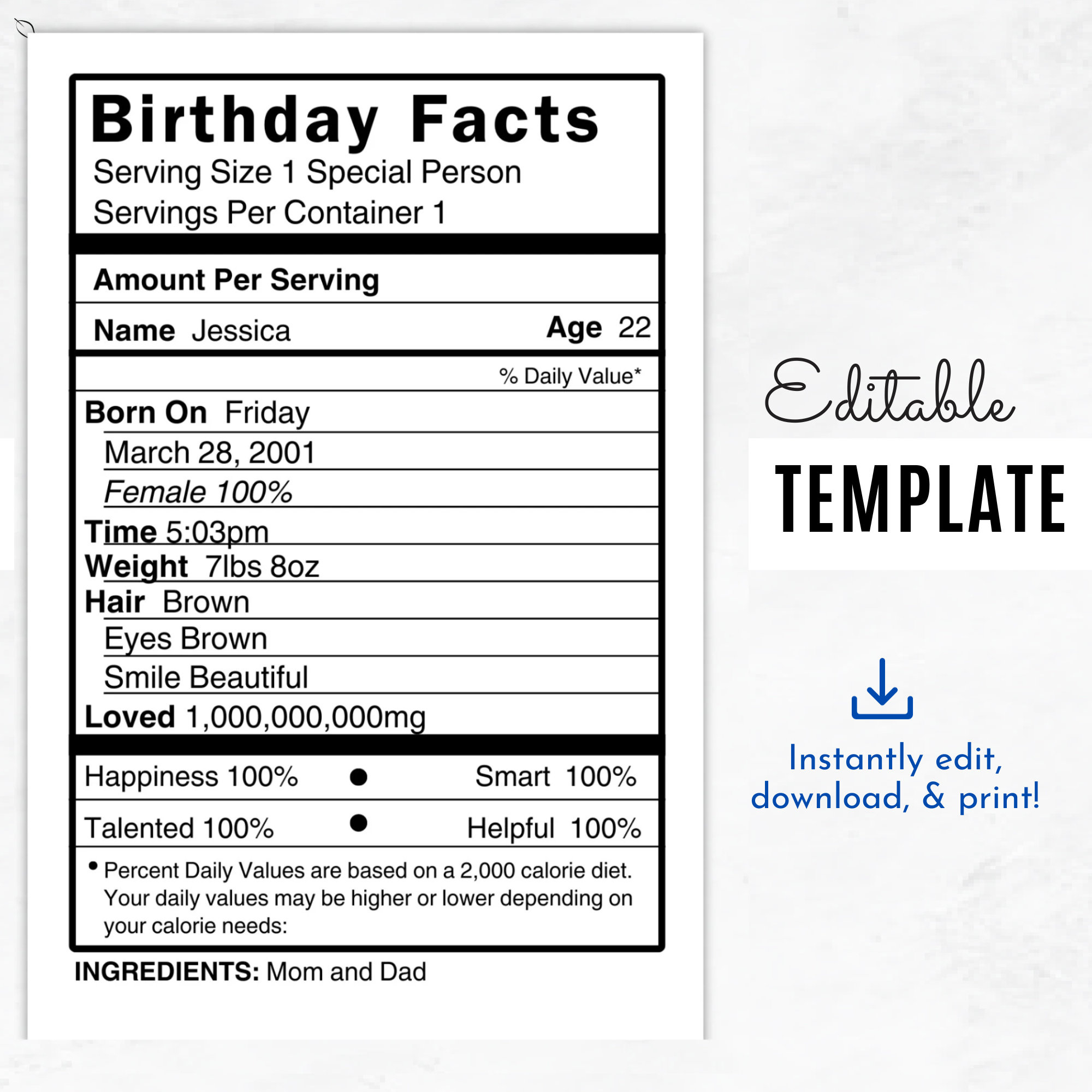 Editable Birthday Nutrition | Nutrition Facts | Nutrition Label for Free Birthday Nutrition Facts Label Template