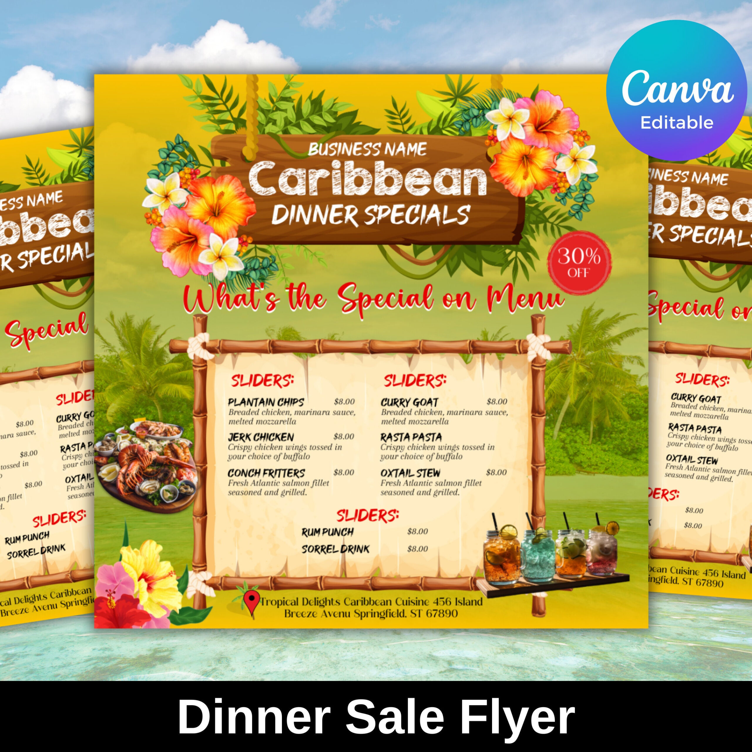 Editable Caribbean Food Flyer Canva Template, Jamaican Inspired inside Free Caribbean Menu Template