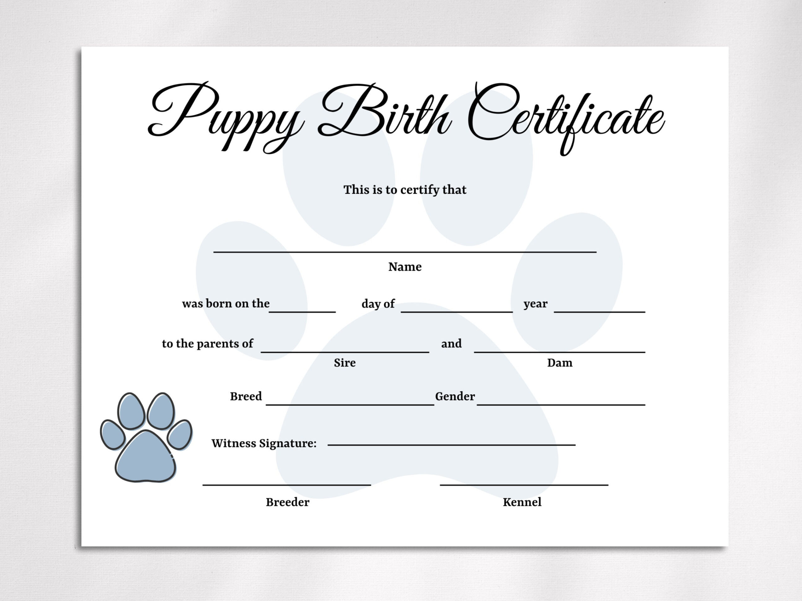 Editable Puppy Birth Certificate Template, Dog Adoption Certificate, Pet Birth Certificate, Dog Breeder Forms regarding Printable Free Puppy Birth Certificate Template