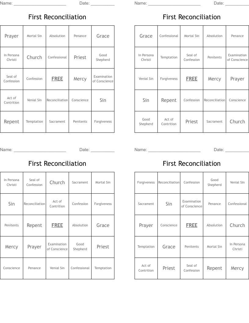First Reconciliation Bingo Cards - Wordmint for Free Printable Reconciliation Cards