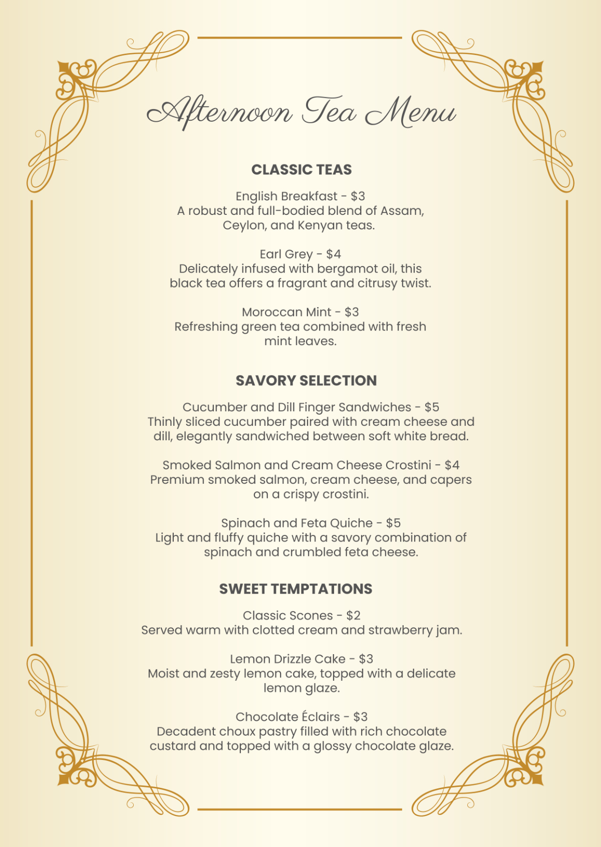 Free Afternoon Tea Menu Template To Edit Online intended for Free Afternoon Tea Menu Template