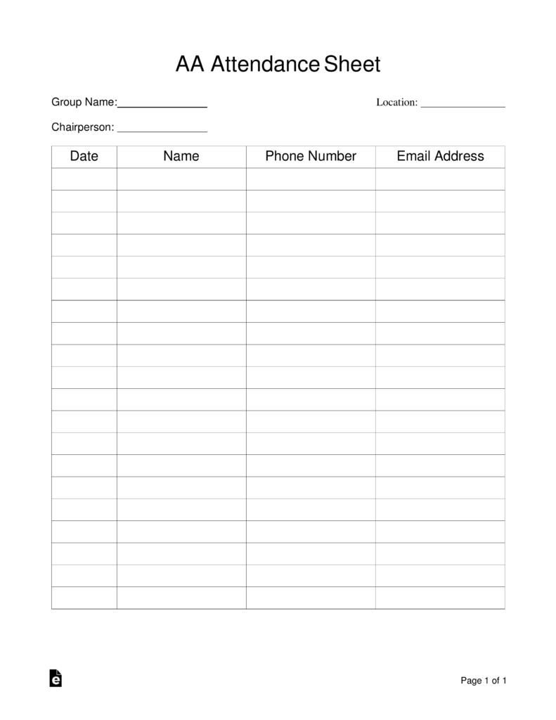 Free Alcoholics Anonymous (Aa) Sign-In / Attendance Sheet Template throughout Free Printable Aa Sign in Sheets