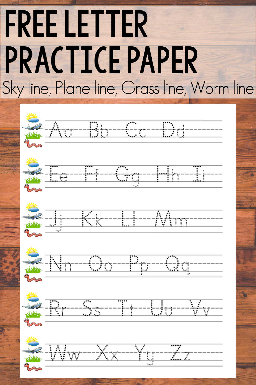Free Alphabet Printable {Sky Line, Plane Line, Grass Line, Worm in Free Fundations Printables