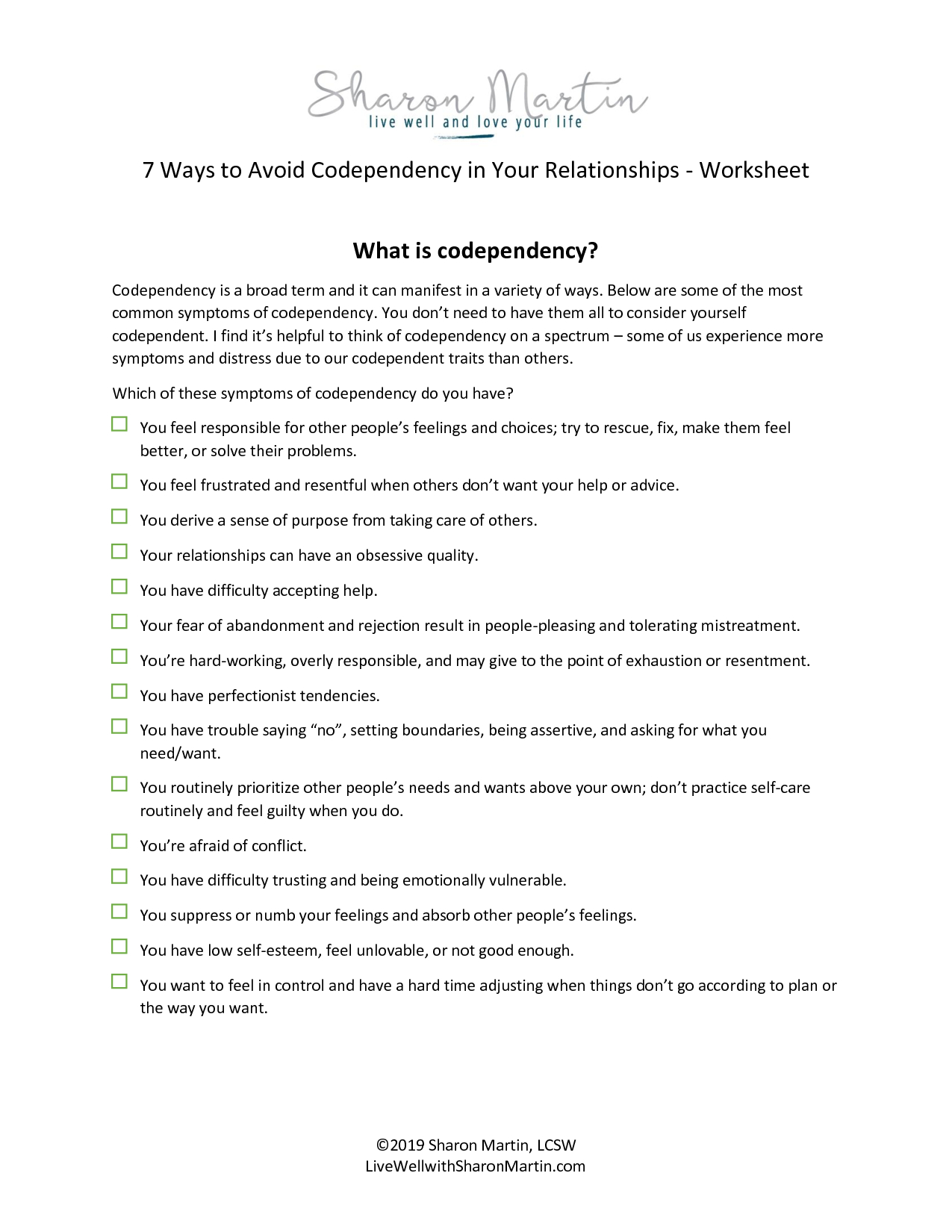 Free Codependency Worksheets - Live Well With Sharon Martin with regard to Free Printable Codependency Worksheets