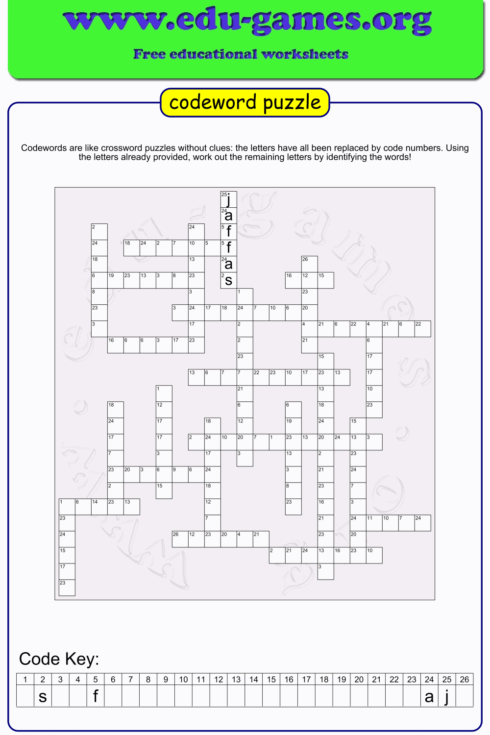 Free Codeword Puzzle Maker - The Printable Worksheets Website intended for Free Online Printable Codeword Puzzles