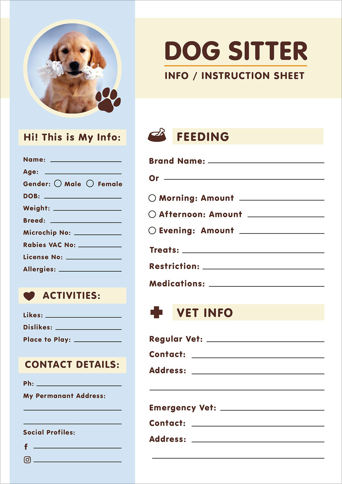Free Dog Sitter Instruction / Information Sheet Design Template regarding Free Pet Sitting Templates