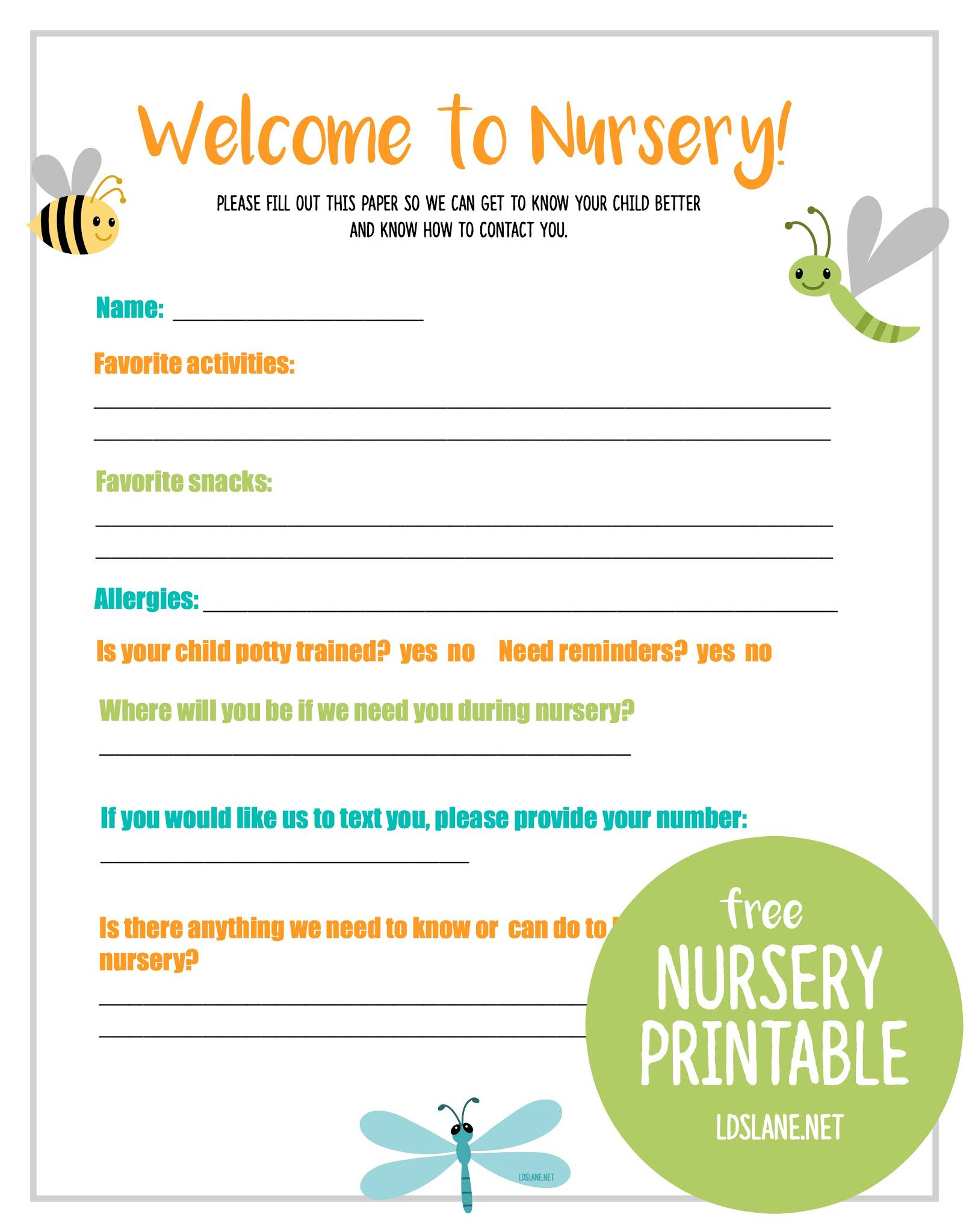 Free Lds Nursery Printable for Free Printable Church Nursery Forms