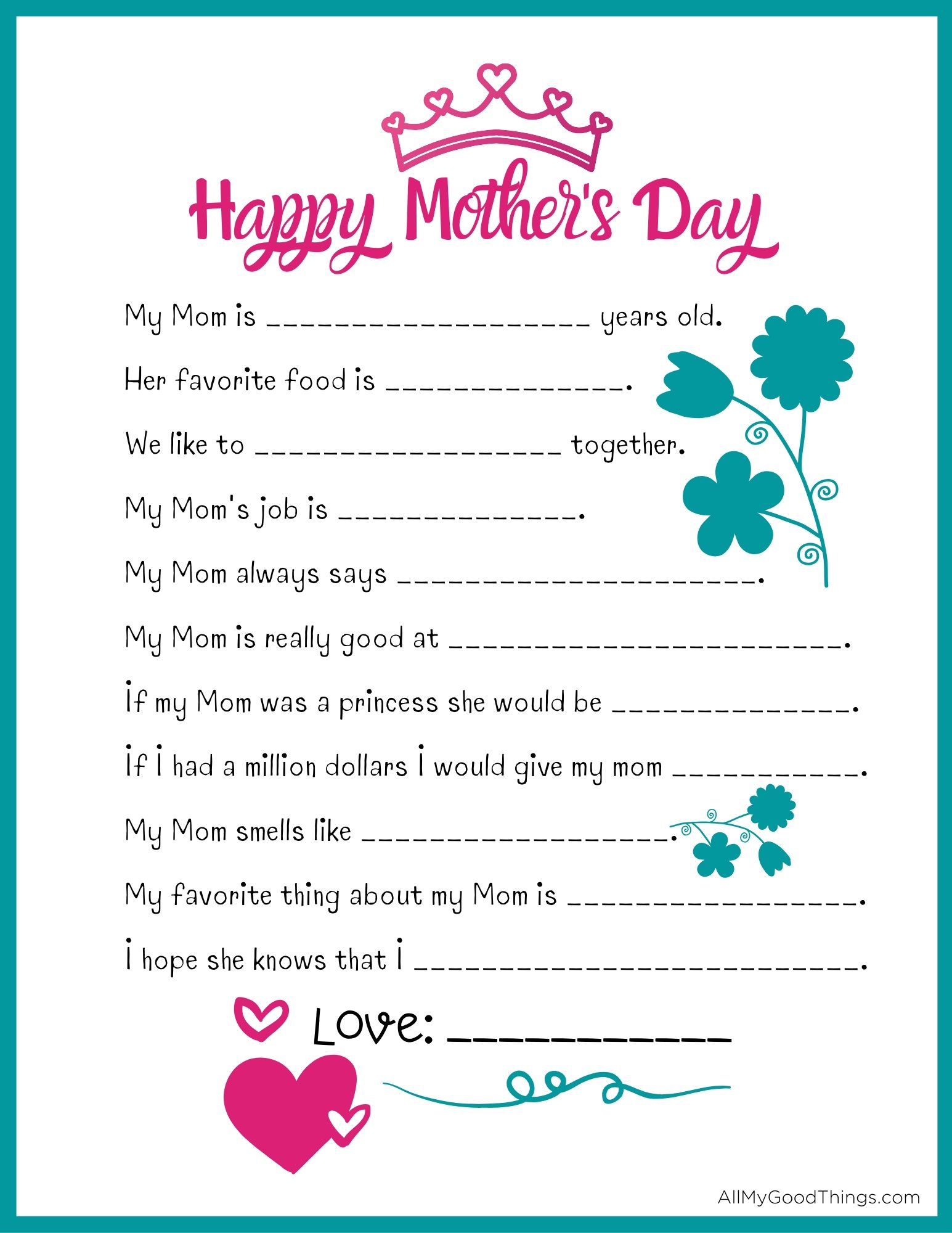 Free Mother&amp;#039;S Day Questionnaire Printable - All My Good Things in Mothers Day Quiz Free and Printable