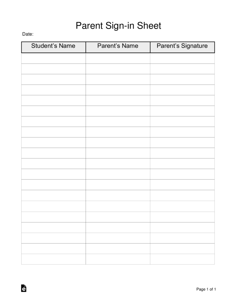 Free Parent Sign-In Sheet Template - Pdf | Word – Eforms within Free Printable Parent Information Sheet