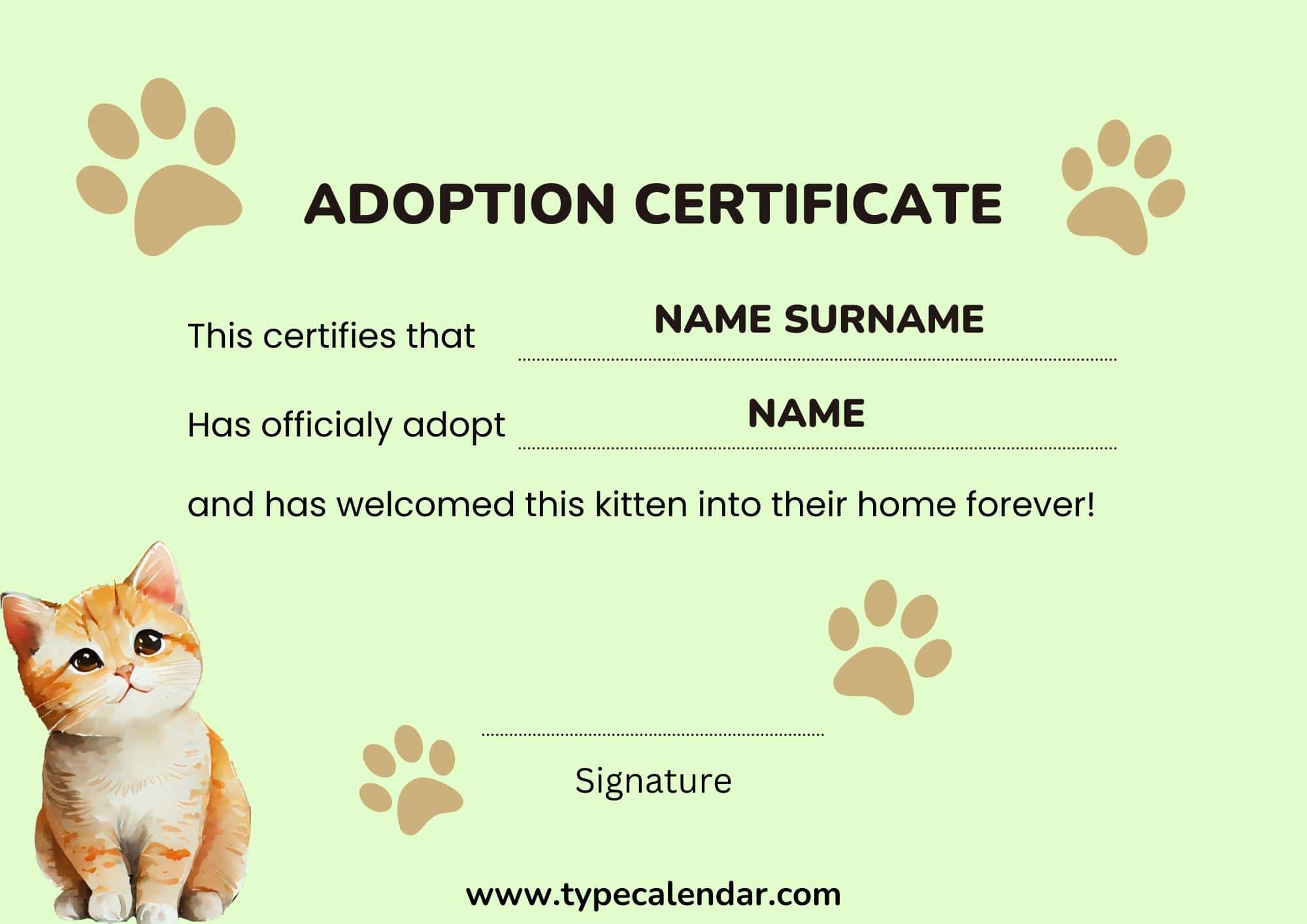 Free Printable Adoption Certificate Templates [Pdf] Pet, Animal throughout Free Printable Cat Adoption Certificate