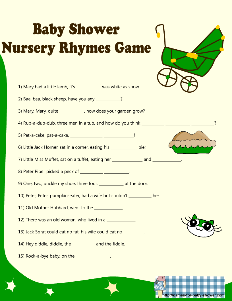 Free Printable Baby Shower Nursery Rhyme Games pertaining to Finish The Nursery Rhyme Free Printable