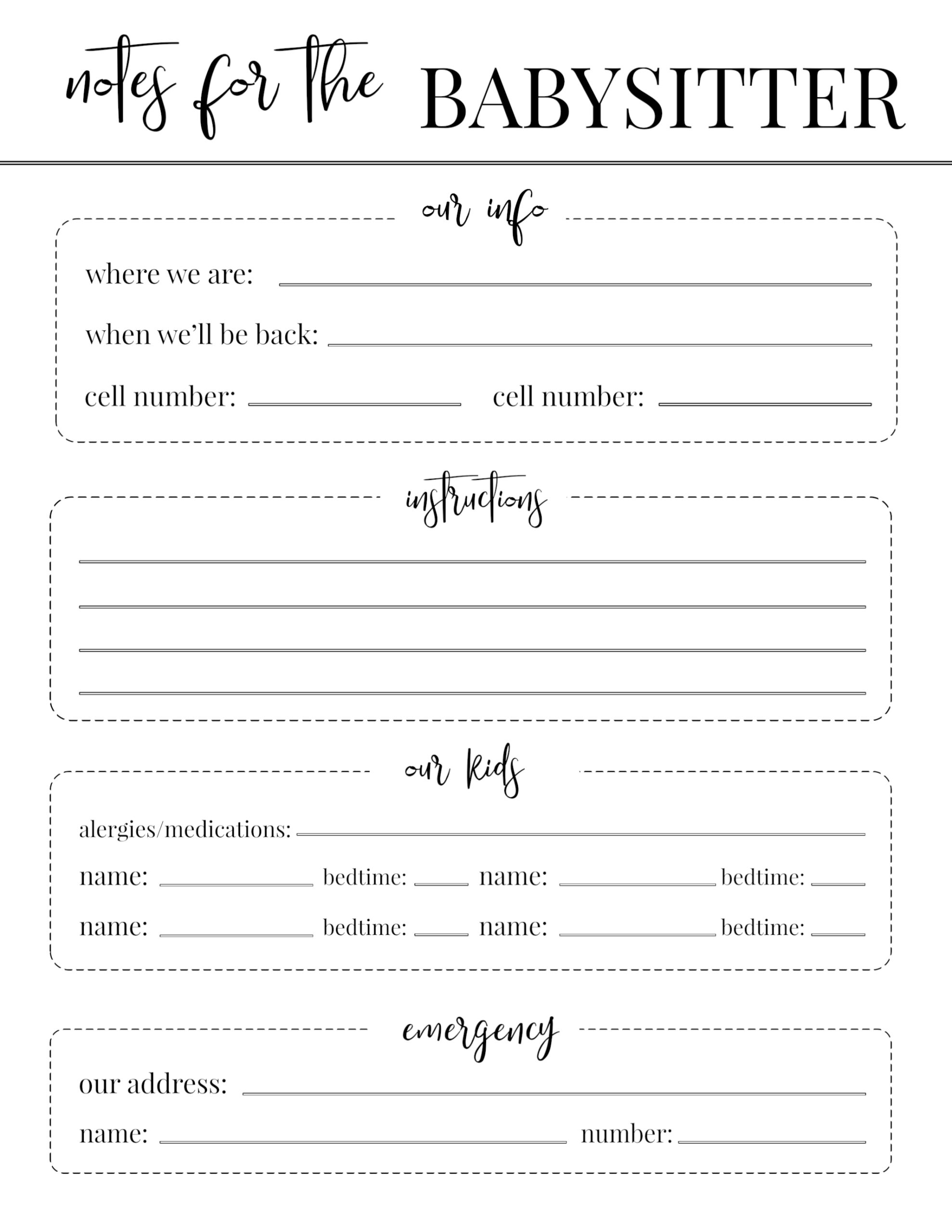 Free Printable Babysitter Notes Template - Paper Trail Design regarding Free Babysitting Printables