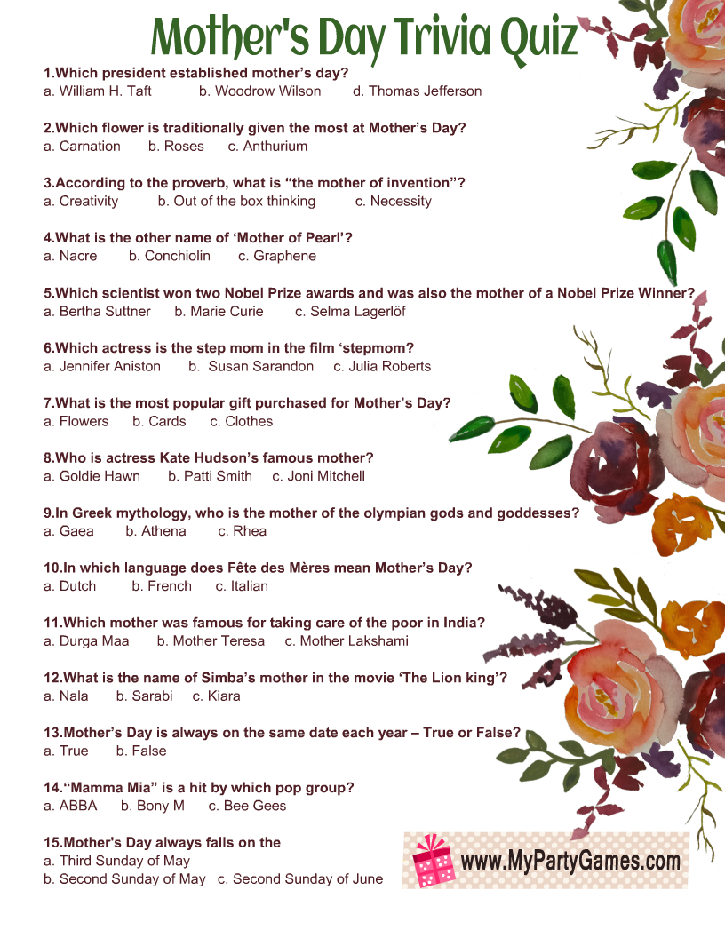 Free Printable Mother&amp;#039;S Day Trivia Quiz With Answer Key intended for Mothers Day Quiz Free And Printable