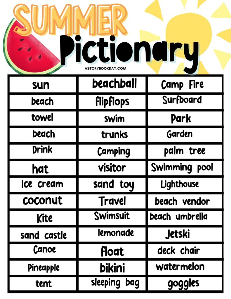 Free Printable Summer Pictionary Game inside Free Printable Pictionary Word List