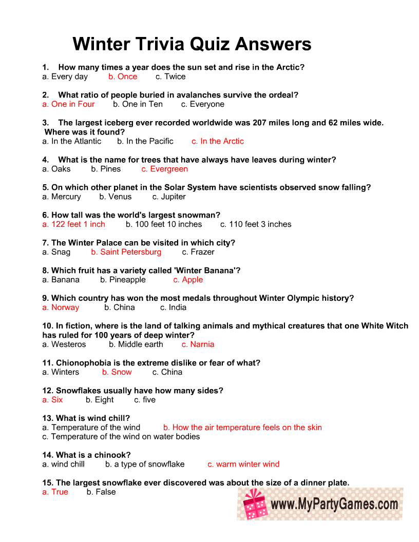 Free Printable Winter Trivia Quiz With Answers - Worksheets Library inside Free Printable Trivia Questions and Answers For Seniors