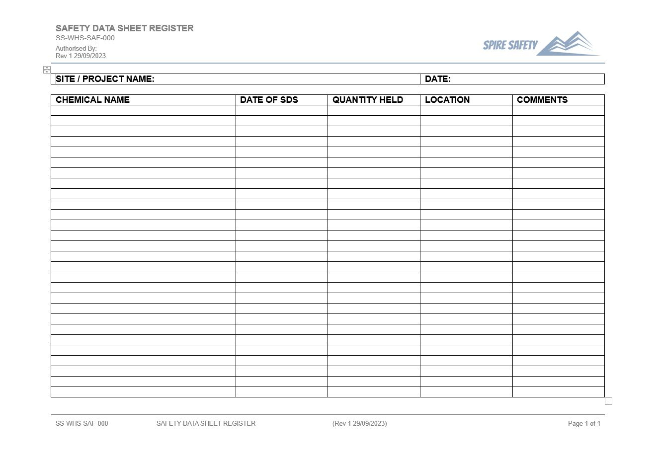 Free Safety Data Sheet Register Template - Spire Safety Consultants for Free Printable Msds Data Sheets