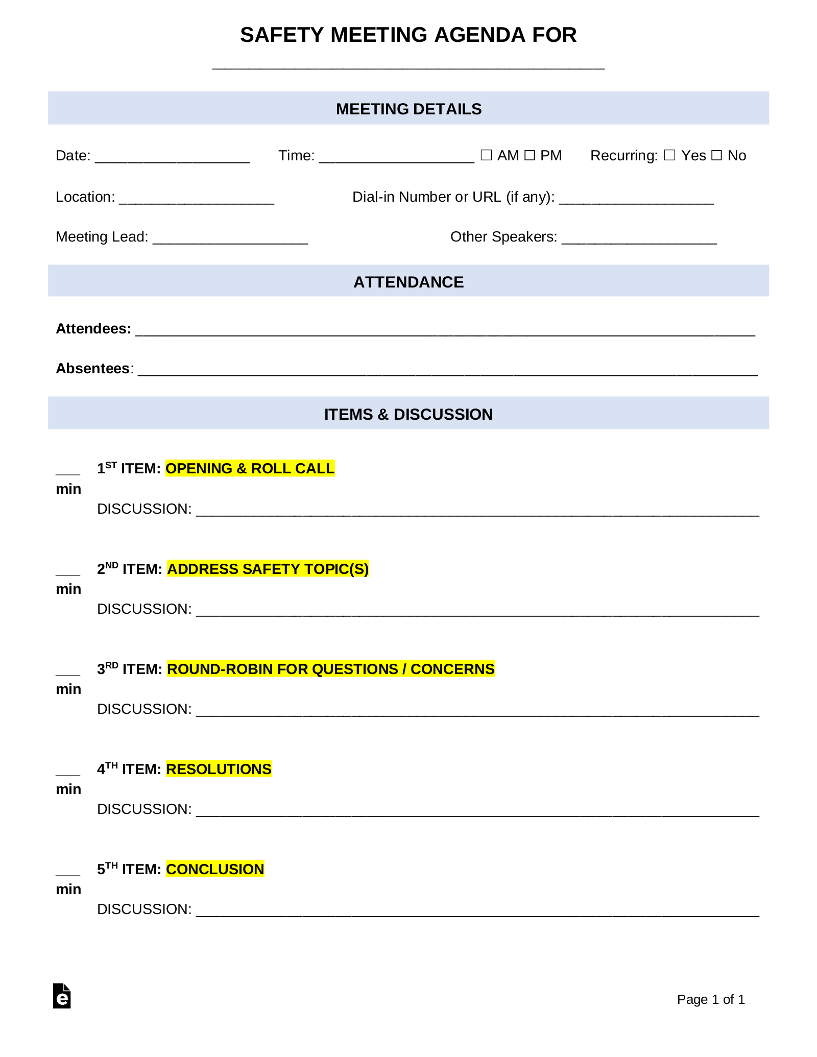 Free Safety Meeting Agenda Template - Pdf | Word – Eforms with Free Printable Safety Meeting Sheets